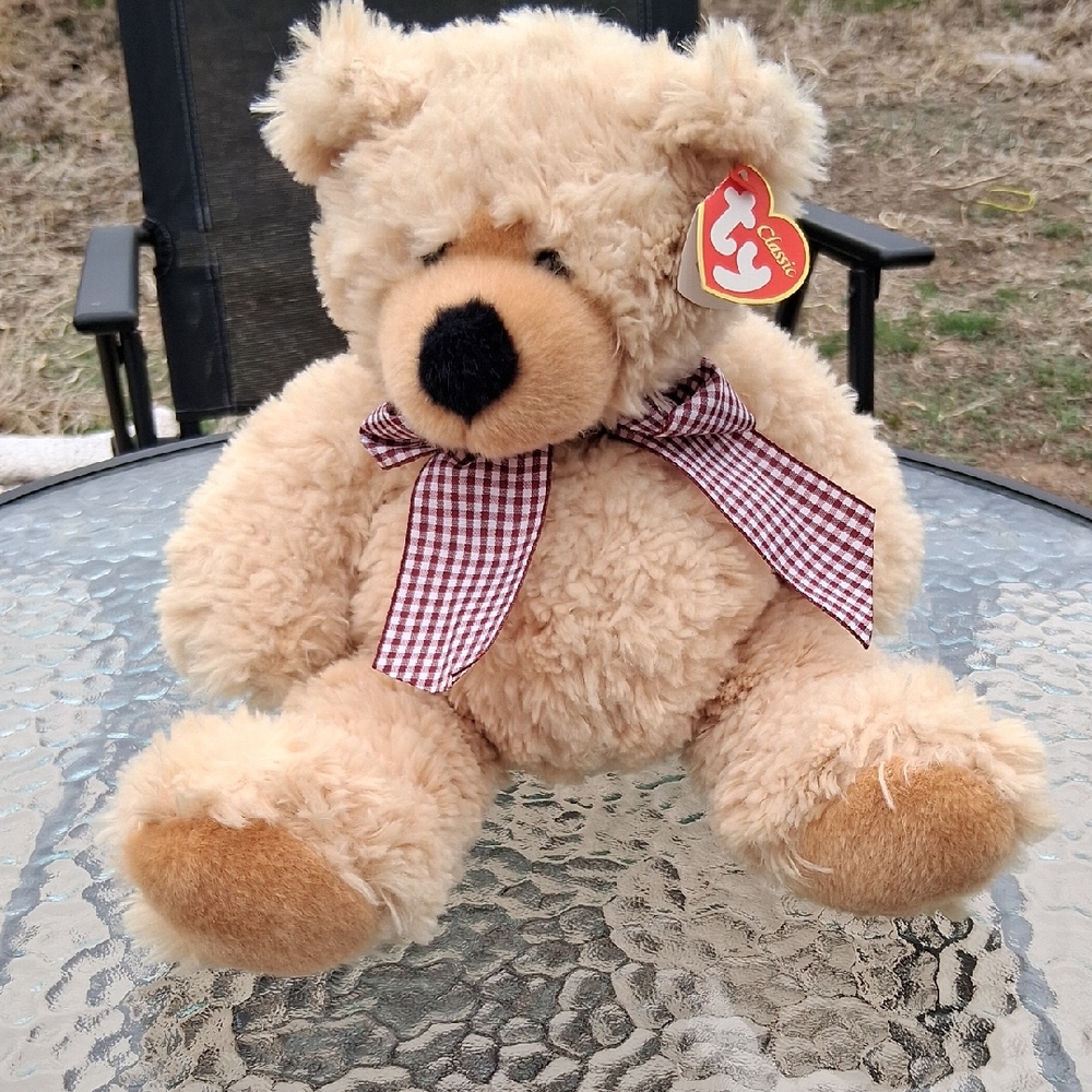 TY Boudreaux Classic Beige Plush Teddy Bear with Checkered Bow